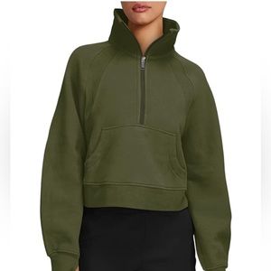 LASLULU Womens Hoodies Fleece Lined Cropped Pullover 1/2 Zipper Army Green Scuba